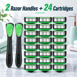 26 Pcs Men's 7 Blade Razor Set 2 Handles and 24 Replacement Cartridges, Sensitive Skin Shaving Razor Refills Bulk with Storage Hook, Smooth Shave for Face and Head