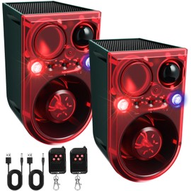 Qualirey 2 Pack Solar Outdoor Motion Sensor Alarm Ultrasonic Animal Deterrent Alarm 13 Sound 130 dB Loud Noise Maker with USB Remote Control 4 Mode Repels for Garden Yard Farm Home Security(Red)