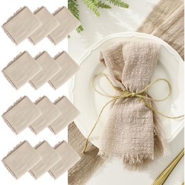 LALAGO Pack of 12 Linen Napkins, 45 x 45 cm, Fabric Napkins, Washable Table Napkins with Tassels for Table Decoration (Beige)