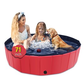 CACSPS Foldable Dog Pool, 71" x 14" Large Kiddie Pool with Hard Plastic, Non-Slip Dog Bath Tub for Outdoor Backyard, Collapsible Dog Swimming Pool for Kids Dogs Pets (Red)