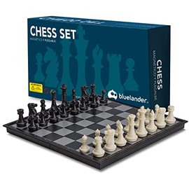 Bluelander Ajedrez Profesional, Magnético, (25cm) Diseño Clásico de Lujo, Tablero Plegable, Portátil 25cm x 25cm Abierto (25cm x 12.5cm Cerrado), Juego de Mesa Portátil y Educativo (Blanco y Negro)