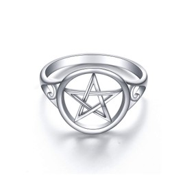 S925 Sterling Silver Pentagram Amulet Pentacle Star Moon Witch Ring for Women Men, 10, Metal, Cubic Zirconia