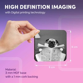 Destination Vinyl ltd Great Coasters (Set of 4) Square - BW - ny Pug Puppy Dog Reading Paper Drink Glossy Coasters/Tabletop Protection for Any Table Type #36692