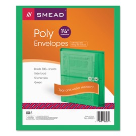 Smead Poly Envelope, 1-1/4" Expansion, String-Tie Closure, Side Load, Letter Size, Green, 5 per Pack (89523)