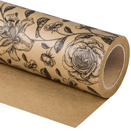 WRAPAHOLIC Kraft Floral Wrapping Paper Roll - Mini Roll - 17 Inch x 33 Feet - Vintage Black Floral Design for Birthday, Party, Baby Shower