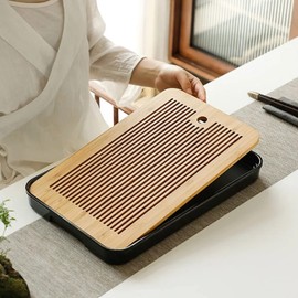 Dwysswyd 14 Inch Chinese Gongfu Bamboo Tea Tray with Water Storage for Kungfu Tea Set (Yellow+Black)