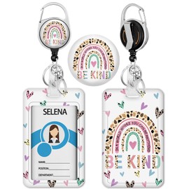 Rainbow Be Kind Teacher Badge Holder Retractable Reel, Id Badge Holder Heavy Duty Retractable Clip, Vertical Work Card Name Tag Id Holder Badge Cover for Nurse Office Women Gifts