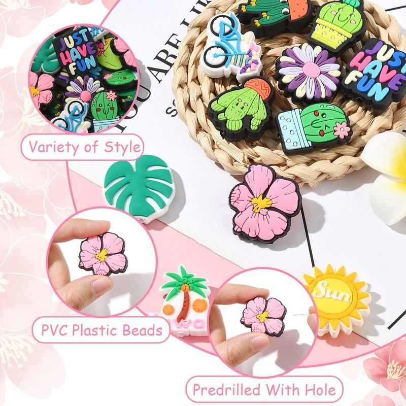 KitBeads 30Pcs 15 Styles Tropical Flower Cactus Beads PVC Plastic