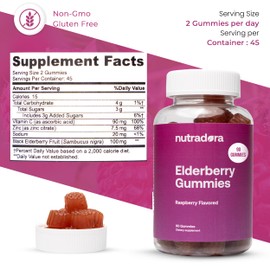 Nutradora Elderberry Gummies for Adults – Organic Elderberry Gummies with Zinc and Vitamin C for Immune Support, Lessen Stress, & Protect Heart, Raspberry Flavor Formulated in USA, 90 Gummies