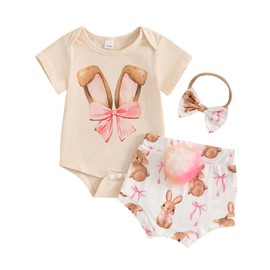 Lamuusaa Newborn Baby Girl Easter Outfit Short Sleeve Bunny Romper Onesie Shorts with Pompoms Headband Summer Clothes 0-18M (Khaki, 6-12 Months)