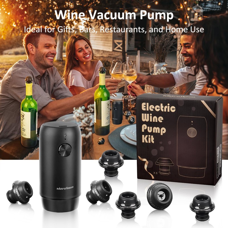 MetroTesco Electric Wine saver pump with 6 wine stoppers vacuum,