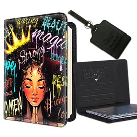 Passport Holder Women Wallet with Luggage Tag, Leather Passport Cover with RFID Blocking, Travel Accessories Multi Card Slot Passport Case for Men，African American Women Afro Girl With Crown