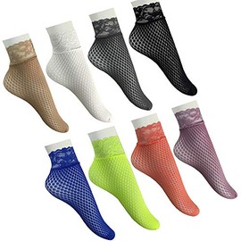 ANDIBEIQI 8 Pairs Fishnet Socks Women Attractive Black Fishnet Stockings Short Ankle Socks Multiple Colours, 8 colours.