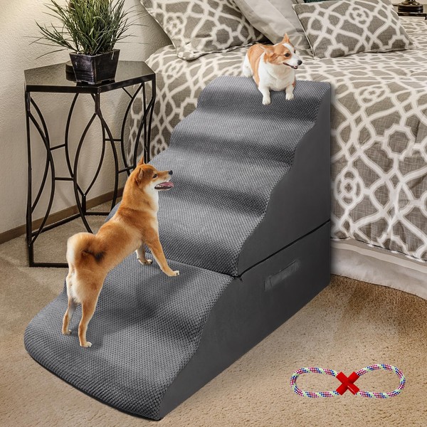 LitaiL 30-36 Inches Pet Foam Stairs for High Beds, Density Foam Extra Wide Dog Ramps/Stairs/Ladder for Couch, Older Dogs, Cats, Injured Dogs (with 1 Rope Toy, 6-Tier Grey)