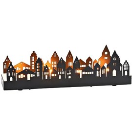 Set of 4 Tea Light Holders – Street Backdrop Old Town Houses – Shadow Play – Metal and Wood 19 cm – Black