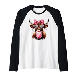 Messy Coquette Highland Cow Cute Pink Bow Bubble Gum Glasses Raglan Baseball Tee