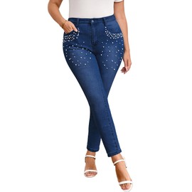 YEXPINE Women's Pearl Beaded Jeans Mid Rise Stretchy Skinny Denim Pants Slimming Fit Jean Bottoms Dark Blue