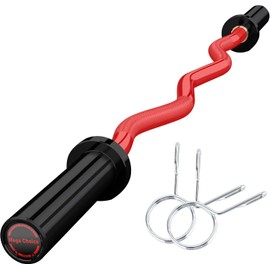 Olympic EZ Curl Barbell Bar, 47" EZ Curl Bar for Weight Lifting, Biceps, triceps, Back/Leg Muscle Group exercise,Chrome Curling Bar for 2 Inch Weight Plates,with 2 Spring Collars,Red