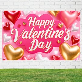 BlissYard Happy Valentine's Day Backdrop Banner 71 x 43 Inch Pink Heart Valentine's Day Background Banner Valentines Day Party Decorations Supplies Valentines Party Photo Booth Prop