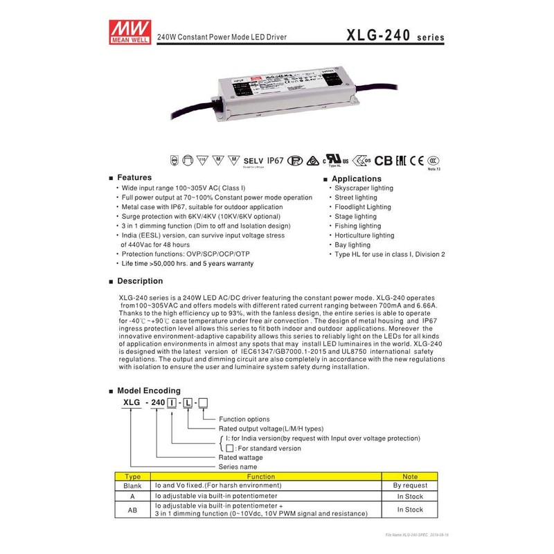 Meanwell XLG-240-H-AB 60V 4900mA 240W Constant Power Mode LED Driver
