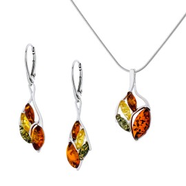 AMBEDORA Women's Setz Sabine 925 Silver Polished Coloured Baltic Amber Pendant with Snake Chain and Earrings Gift Set, Sterling Silver, Amber