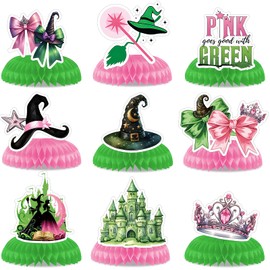 Hysagtek 9 Pcs Witch Theme Party Honeycomb Centerpieces, Pink and Green Party Decorations Double Sides Table Centerpieces Witch Theme Movie Birthday Party Supplies Decoration