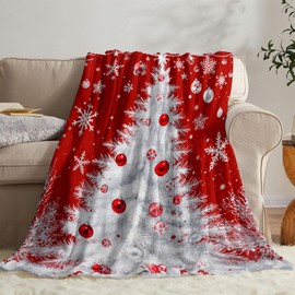 Neasow Red Christmas Throw Blanket, White Christmas Abies Tree and Snowflake Design Soft Fuzzy Cozy Flannel Blanket Gift for Family and Friends Home Sofa Couch Chair Decorative 50x60 Inch