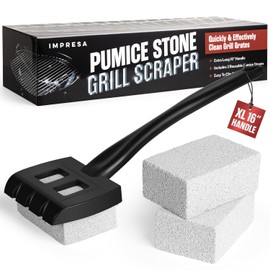 Pumice Grill Stone Cleaning Block Scraper w/XL Handle and 3 Grill Bricks - Heavy Duty Pumice Grill Cleaning Block for Flattop Grills or Grated Grill Cleaner - Pumice Stone for Grill Cleaning Set