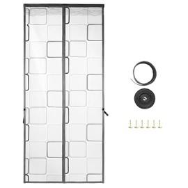 QWORK Insulated Magnetic Thermal Door Curtain, 36x82 Inch Winter Doorway Cover, Self-Closing, Semi-Transparent Squares Pattern for Bedrooms, Living Areas, and Kitchens