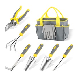 iPower Garden Tool Set, 8 Piece Heavy-Duty Stainless-Steel Garden Kit Includes Outdoor Hand Tools, Garden Gloves and Storage Tote Bag, Ergonomic Rubberized Non-Slip Handle