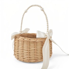 Lurenjia Elegant Wicker Rattan Flower Girl Basket with Pearl Handle, Bow, and Ribbon - Perfect for Wedding Decor and Flowers (White-1)