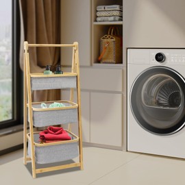 3/4 Tier Laundry Hamper Bamboo Foldable Laundry Baskets, Laundry Organizer Freestanding Clothes Basket W/Shelf & Removable Storage Baskets, for Bathroom Living Room Bedroom (3-Tier)