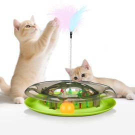 Iptienda Cat Toy, 3-in-1 Interactive Cat Toy with Feathers and Ball, Cat Toy, Intelligence Toy for Cats, Fumbling Board for Cats, Feeding Training and Search Toy for Cats