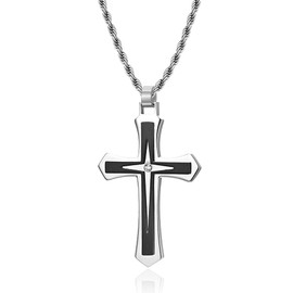 REchoLI Cross Necklace for Man,Stainless Steel with Crystal Accent Cross Silver/Black Pendant,Christian jewelry Chain Length 60 CM / 23.6 Inches