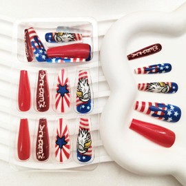 4th of July Press on Nails Long Coffin Fake Nails Press ons Red Blue White Acrylic Nails Independence Day Glue on Nails with American Flag Star Designs Glossy Artificial Nails for Women 24 Pcs