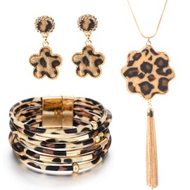 Ktnyl Set of 4 Jewellery Set, Earrings Leopard Print, Leopard Leather Bracelet Dangle Earring Necklace, Boho Leopard Multilayer Crystal Beads Cuff, Suitable for Girls and Women, Leather Metal, No
