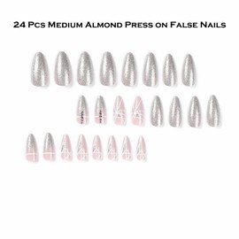 PUSCOBSY Press on Nails Medium Almond Fake Nails Glossy Glitter False Nails Geometric Lines Acrylic Nails Rhinestone Artificial Stick on Nails for Women and Girls 24PCS