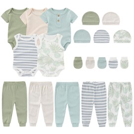 MAMIMAKA Newborn Layette Gift Set 20-Piece Cotton Baby Boy Clothes Essentials and Accessories(Bodysuits + Pants + Caps + Mittens)