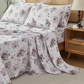 FADFAY Breathable Double Gauze Cotton Sheets Set – Pistachio White Floral Cottagecore Bed Set, Ultra Soft Lightweight 100% Cotton Gauze Bedding, Summer Cooling Bed Set with Pillowcases
