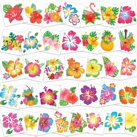 HOWAF 72 Glitter Hawaiian Tattoos Hibiscus Flower Temporary Tattoos for Hawaiian Party Decorations, Waterproof Fake Tattoos Stickers for Kids Adult Hawaiian Party Accessories Summer Party Bag Filler