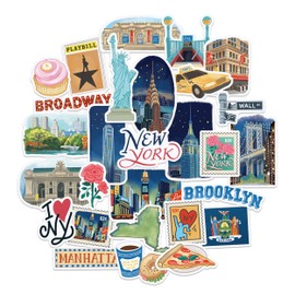 Navy Peony Iconic New York State Travel Stickers (Pack of 28) - Gouache Style, USA Themes, Waterproof America Holiday Stickers for Scrapbooking, Journals, Suitcases