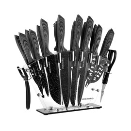 Dockorio all in one Kitchen Knife Set with Block, 19 PCS High Carbon Stainless Steel Sharp Serrated Steak Knives Set, Chef Knives, Bread Knife, Scissor, Sharpener,
