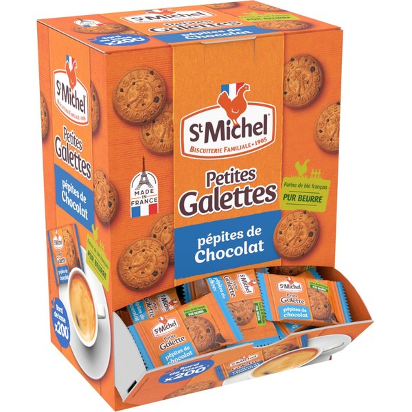 St-Michel - Small Pure-Butter & Chocolate Chips French Galettes - Coffee Side, Individually Wrapped - Petites Galettes tout au Beurre & aux Pépites de Chocolat - 200 Pieces Dispenser - 700g