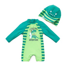 upandfast Kids One Piece Zip Sunsuit with Sun Hat UPF 50+ Sun Protection Baby Beach Swimsuit (Dinosaur, 3-6 Months)