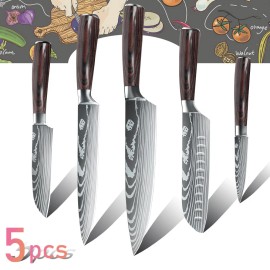 KEPEAK 5 Piece Kitchen Knives Set Japanese Damascus Pattern Stainless Steel Chef Knives