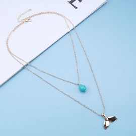 Inilbran Boho Layered Turquoise Choker Necklace Gold Fish Tail Pendant Necklace Teardrop Turquoise Necklace Choker Vintage Waterdrop Turquoise Chain Necklace Jewelry for Women and Girls