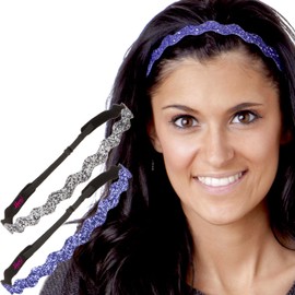 Hipsy Adjustable Non Slip Cute Fashion Bling Glitter Hair Headbands for Women Girls & Teens 2-Pack (Wave Gunmetal & Purple)