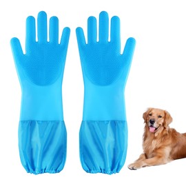 Senquoyn Dog Washing Gloves & Pet Grooming Gloves | Extra Long Arms (17.3") for Cat/Dog/Horse | Massage & Hair Removal Gloves Set with Bath Brush (Blue)