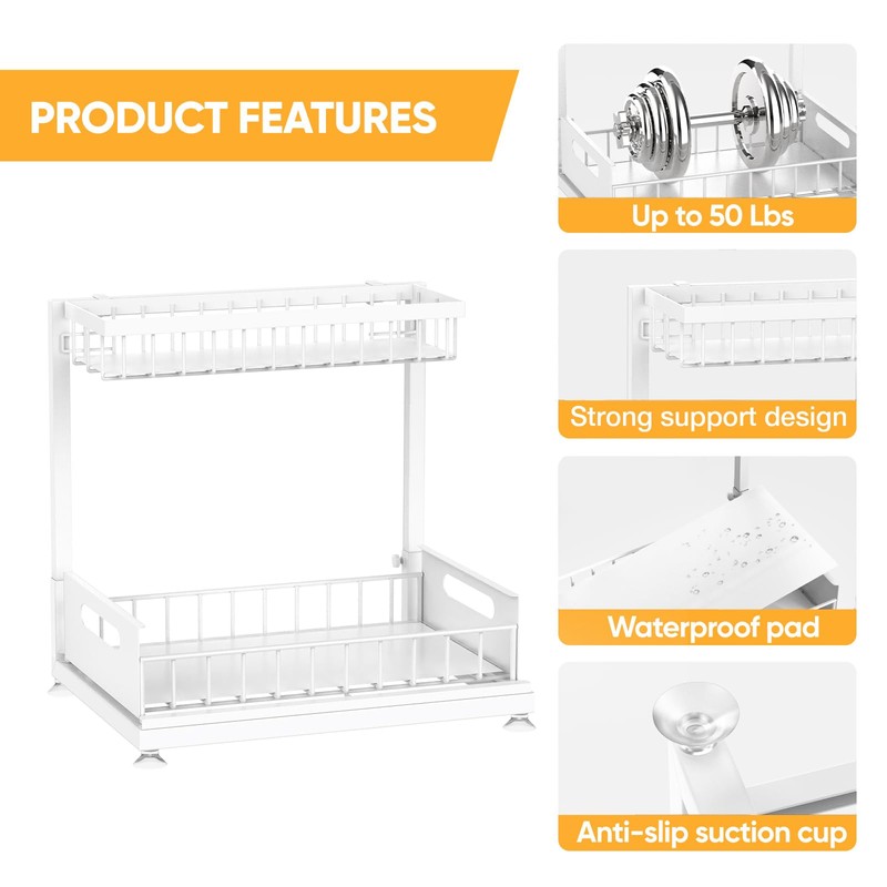 Under Sink Organizer Storage 2-Tier Premium Metal Pull-Out Racks, Height