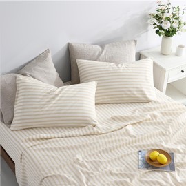 Bedding Linen Sheets Set Bed - 55% Linen 45% Cotton Blend Sheets Queen Size Bedding Farmhouse Boho Style, Soft Comfy Breathable - Deep Pocket Fitted Sheet & Flat Sheet & 2 Pillowcases (Apricot)